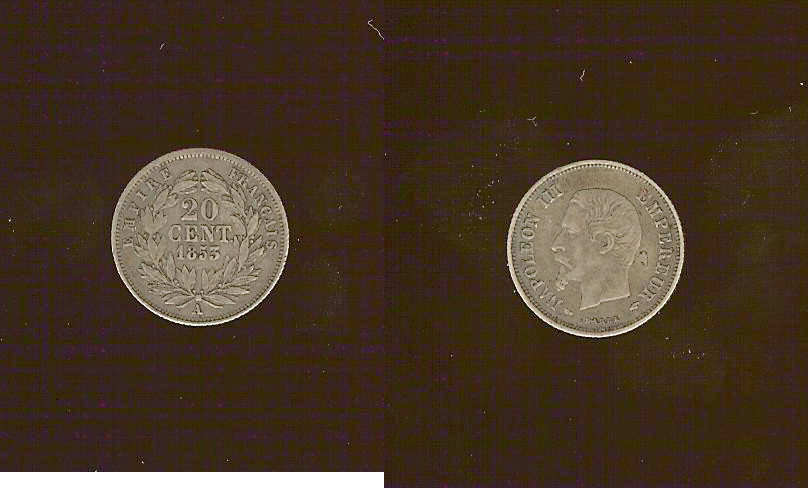 20 centimes Napoléon III, tête nue 1853 Paris F.148/1 TTB+